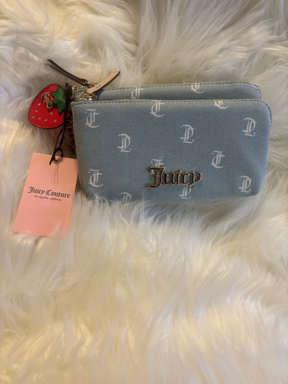 Juicy Couture Clutch w/Red Strawberry Charm with Green Leaf and Gold Logo Accent